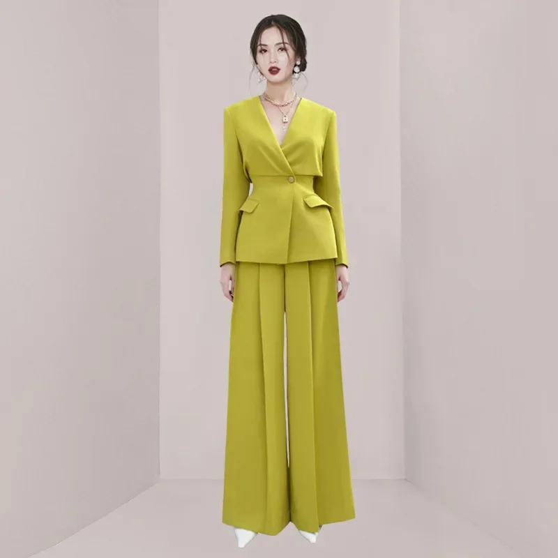 

Suit Women's Professional and Smart Suit Women's 024 Spring New Commuter V-neck Button Waist Top + Draped Wide Leg Pants