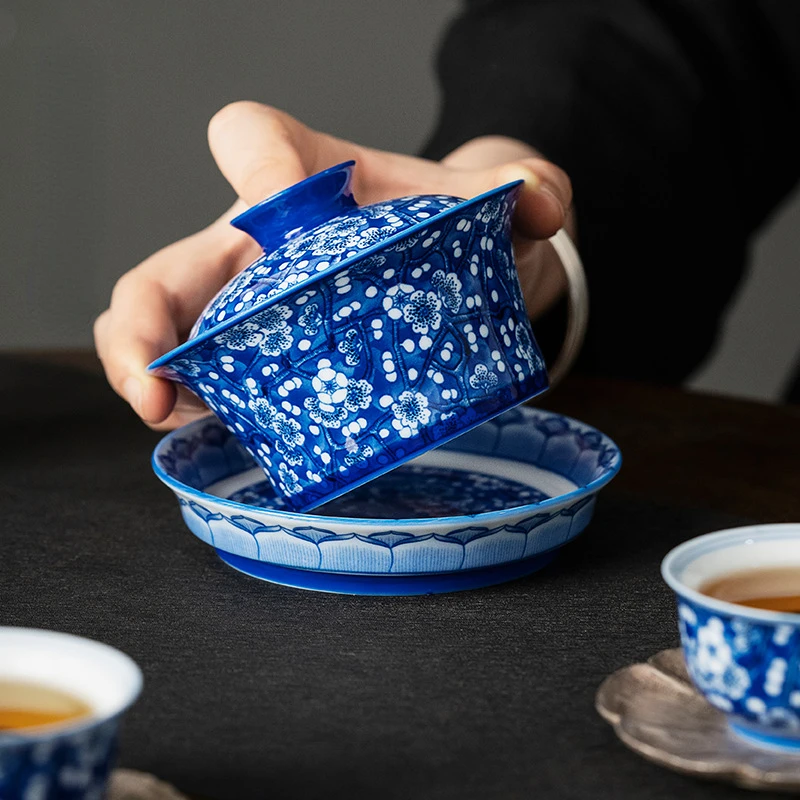 Chinese Ice Plum Ceramic Tea Set Cover Bowl Tea Cup Hand-painted Blue and White Porcelain Teapot Jingdezhen Not Hot Tea Set