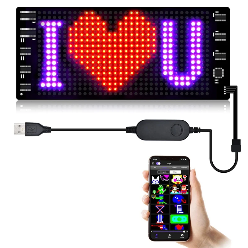 Panel pikseli LED, elastyczny moduł LED USB 5 V, przewijany wyświetlacz animacji tekstu RGB, aplikacja Bluetooth, diody 16X64 9,2X37,2 cm trwałe