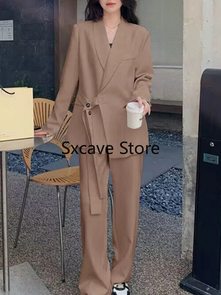 2 Piece Pant Sets Women Outifits 2023 Autumn New Solid Long Sleeve Lace-up Jackets Coat + Wide Leg Loose Blazers Suits Chic