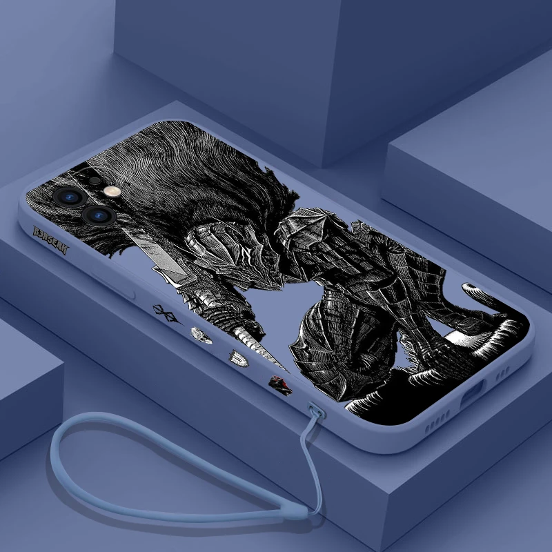 Funda de teléfono Anime Berserk Guts para iPhone 15 14 13 12 11 Pro Max Mini X XR XS MAX SE20 8 7 6S Plus fundas de silicona con correa de mano