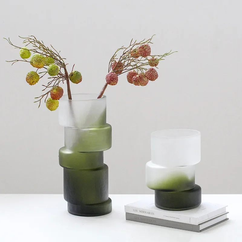 Glass Vase Geometric Misalignment Matte Gradient Green Bamboo Joint Glass Vase Hydroponics Terrarium Home Decoration Accessories