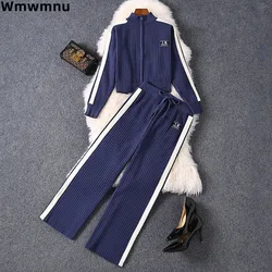 Knited Side Stripe Women Tracksuit Korea Casual Jackets Coats Tops Ensemble Lace-up High Waist Ankle Length Wide Leg Pants Suit