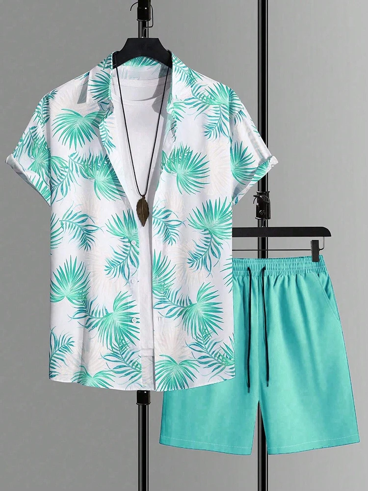 أزياء الصيف الرجال Shirtwear أنيقة ورقة طباعة قصيرة الأكمام التلبيب قصيرة الأكمام قميص الرباط السراويل هاواي قطعتين مجموعة