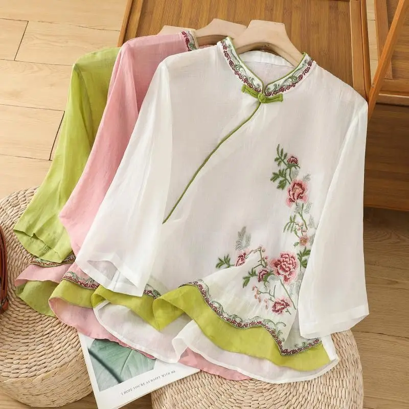Women's Summer New Chinese Style Oblique Placket Cheongsam Shirt, Frog Button Cotton Linen Retro Embroidery Ethnic Style Top