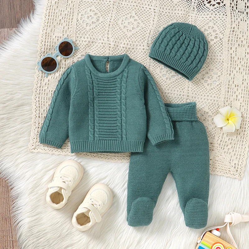 Newborn Baby Clothing Set Knit Toddler Pullover Trousers Bonnet 0-9M 3PCS Infant Boy Sweater +Pants +Hat Long Sleeve Warm Autumn