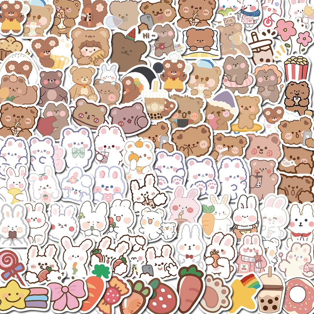 

90PCS Rabbit&Bear Cartoon Cute Stickers Kawaii Vintage For DIY Kids Notebook Luggage Motorcycle Laptop Refrigerator Decal Toy