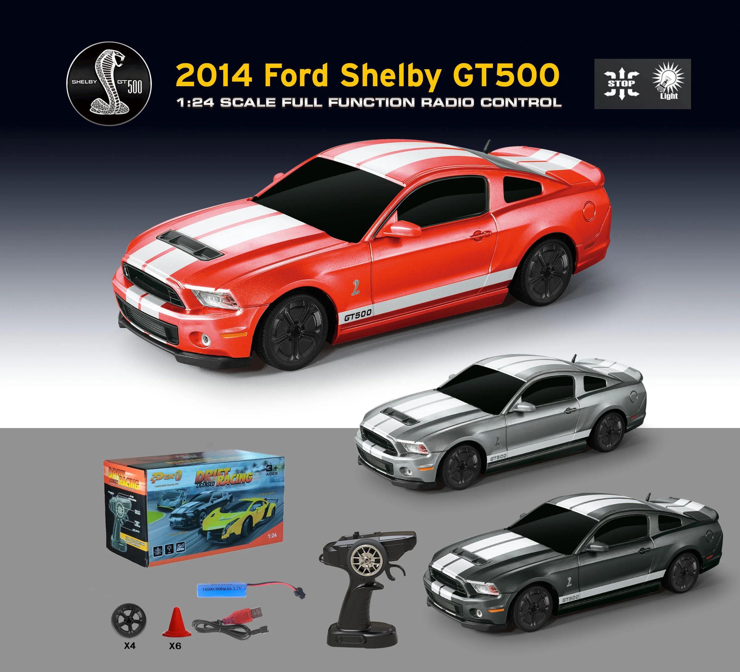 1-24スケールライセンス取得済み2014年フォードシェルビーgt500-rcドリフトカー、ledライト付きフルファンクションリモートコントロールレーシングカー、rcスポーツトイカーギフト