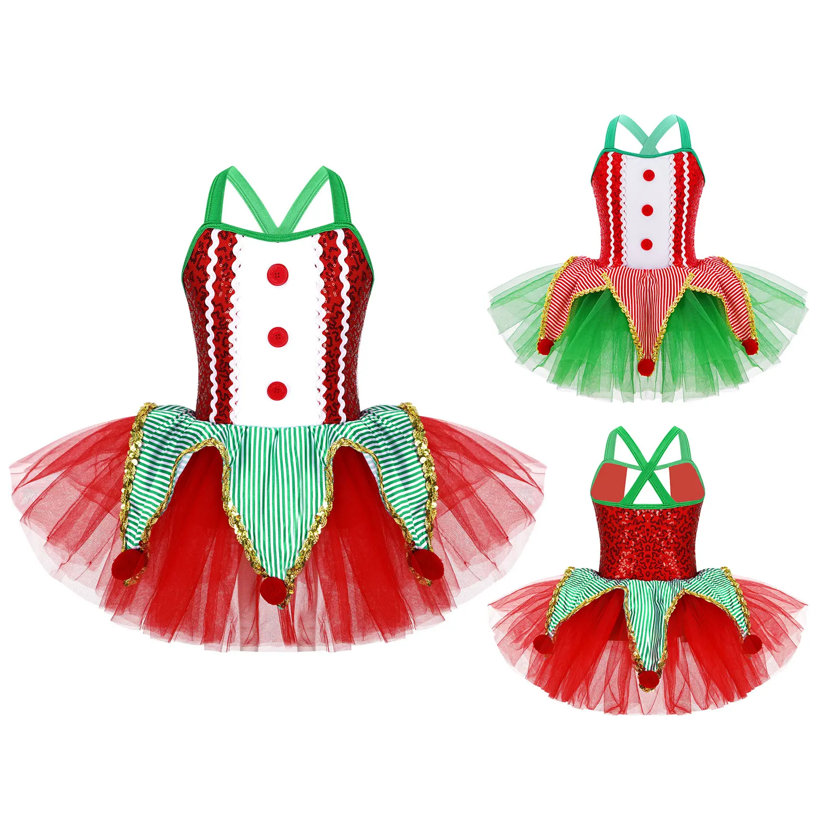 Girls Christmas Elf Dance Dress Ballet Figure Skating Performance Costume Sleeveless Sequins Tutu Pompoms Xmas Party Dresses