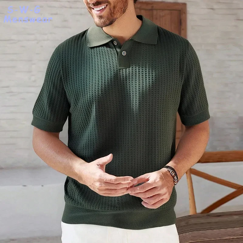 

New Mens Knit Shirts Short Sleeve Casual Golf Shirts Stretch Polo Shirts Soft Breathable Male Summer Top for Men