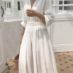 Vintage bawełniane lniane sukienki damskie eleganckie seksowne wiosenne letnie biuro Camisole białe linia A Hem Vestidos Streetwear Party Vestido