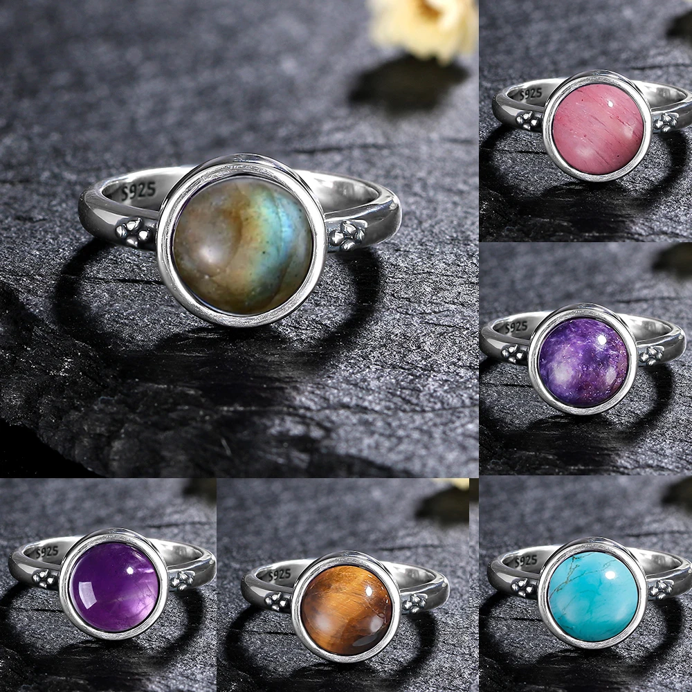 

S925 Sterling Silver Vintage Ring Oval 8MM Natural Labradorite Moonstone Turquoise Ring for Women Gift Luxury Jewelry