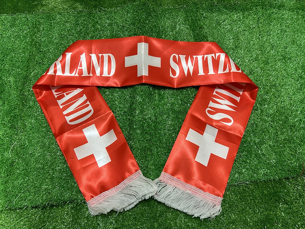 Customize 2026 Switzerland Scarf 14x135cm Double-sided Printed Satin Switzerland Flag Swiss Scarf Tassels Suitable for Football view 2