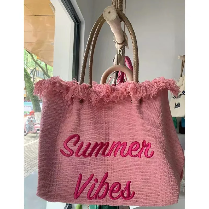 Pink Summer Vibes Canvas Rope Tote Beach Bag Women with Tassel Side