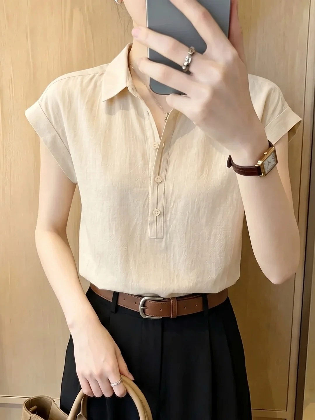 Chic Simple Design Turn-down Collar Short Sleeve Shirt Women's Fashionable Youthful Summer New Style Versatile Short Top