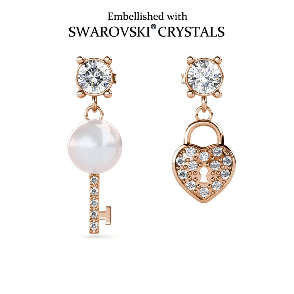 Daisini Women's Asymmetric Stud Earrings with Swarovski Crystals Copper Key Lock Design Fashion Jewelry Ideal Ladies Part Gift