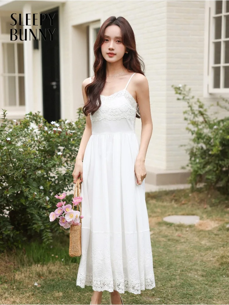

White Lace Dress A Line Sundress Sweet Elegant Mini Hollow Trim Spaghetti Strap Heart Neck Slim Waist for Spring Summer Outfits