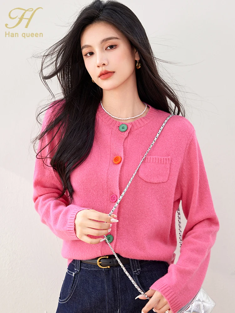 

H Han Queen New Cardigan Sweater Knitwear Single-Breasted Loose Lazy Style Simple Women's Tops Basic Long Sleeve Cardigans