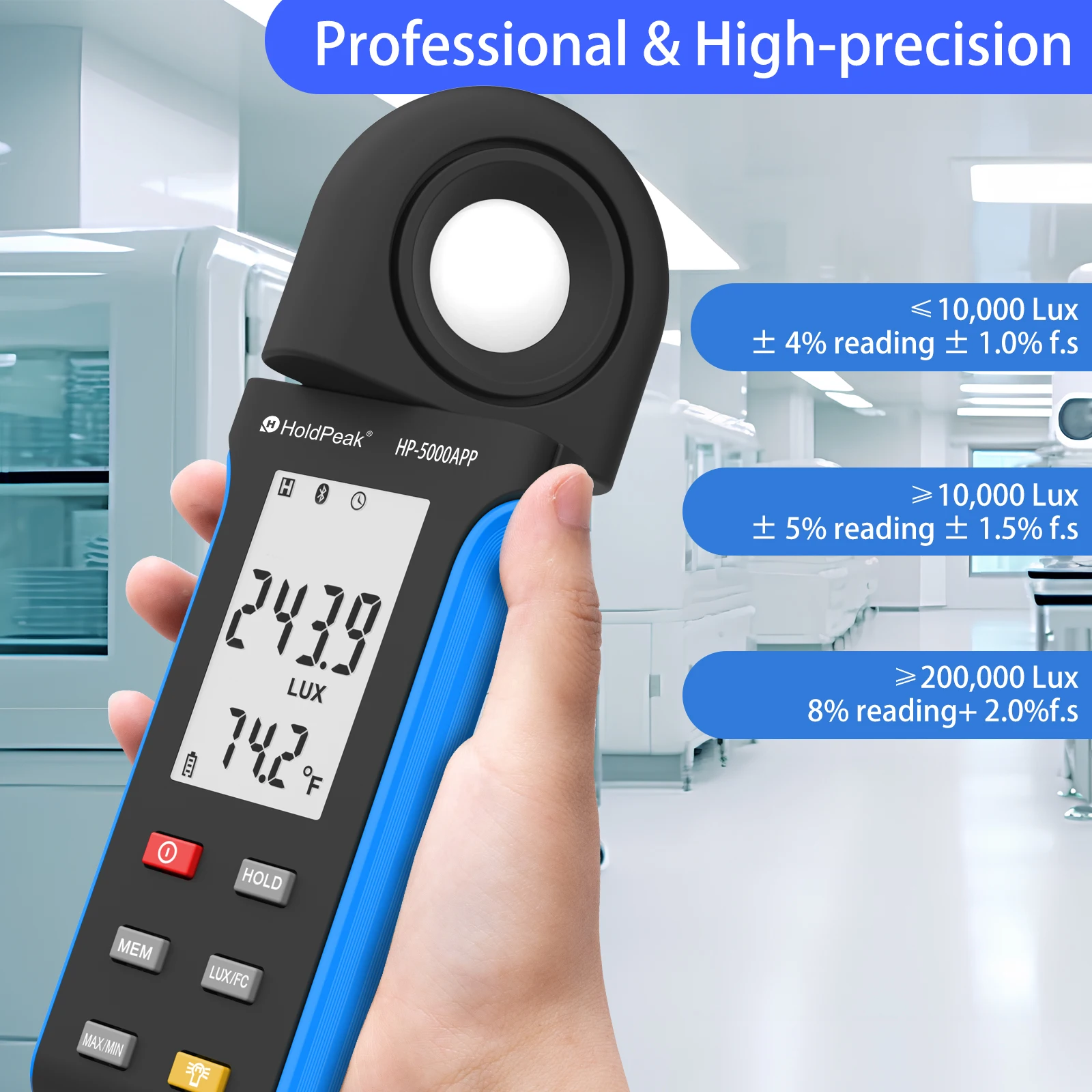 Imagem -04 - Handheld Medidor de Luz Digital com Temperatura Iluminância Medidor Bluetooth1400000lux 270 ° Rotatable Tela Lcd