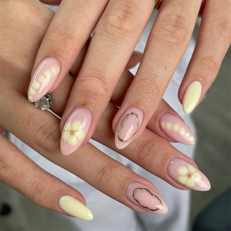 

24Pcs Press on Nails Almond Flower and Gold Thread Full Coverage Nail Tips for Women&Girl Short Removable Wearable Fake Nail