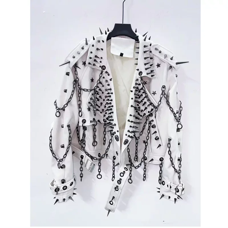 Exaggerated Personality Rock Style Rivet Chain Motorcycle Leather Jacket for Men Women Bar Nightclub DJ Singer Dance Stage Wear
