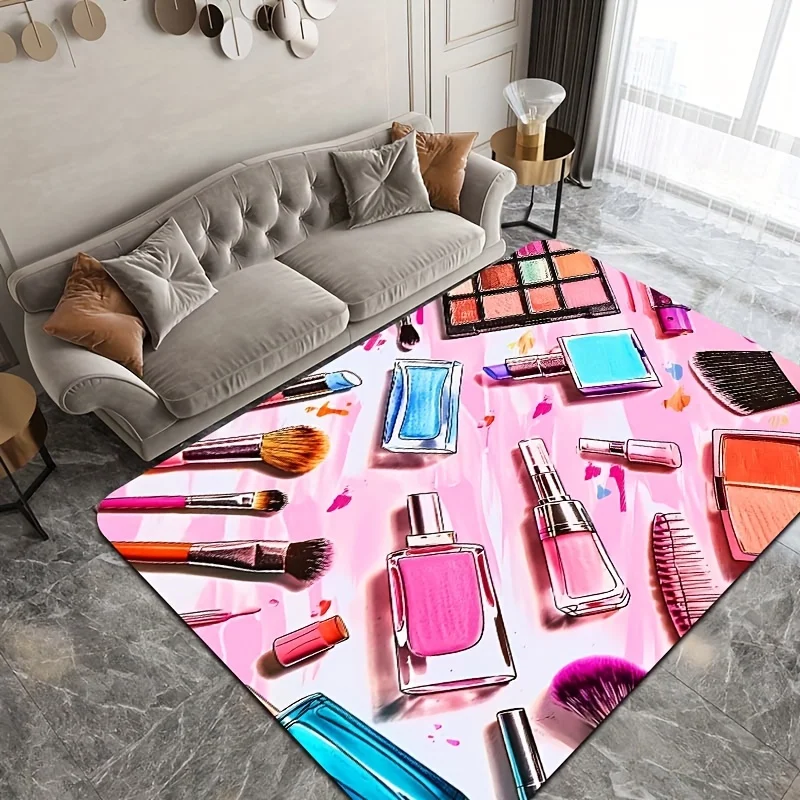 1pc Cosmetic-Themed Area Mat,Polyester Rectangle Mat for Bedroom, Living Room, Entryway - Machine Washable Indoor Mat Decor, R