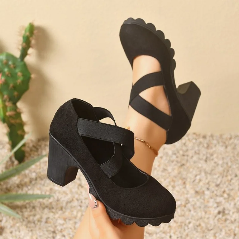 Women's Mary Janes Round Toe High Block Heel Platform Sole Suede-Look Upper Cross Elastic Strap Casual Party Evening Footwear