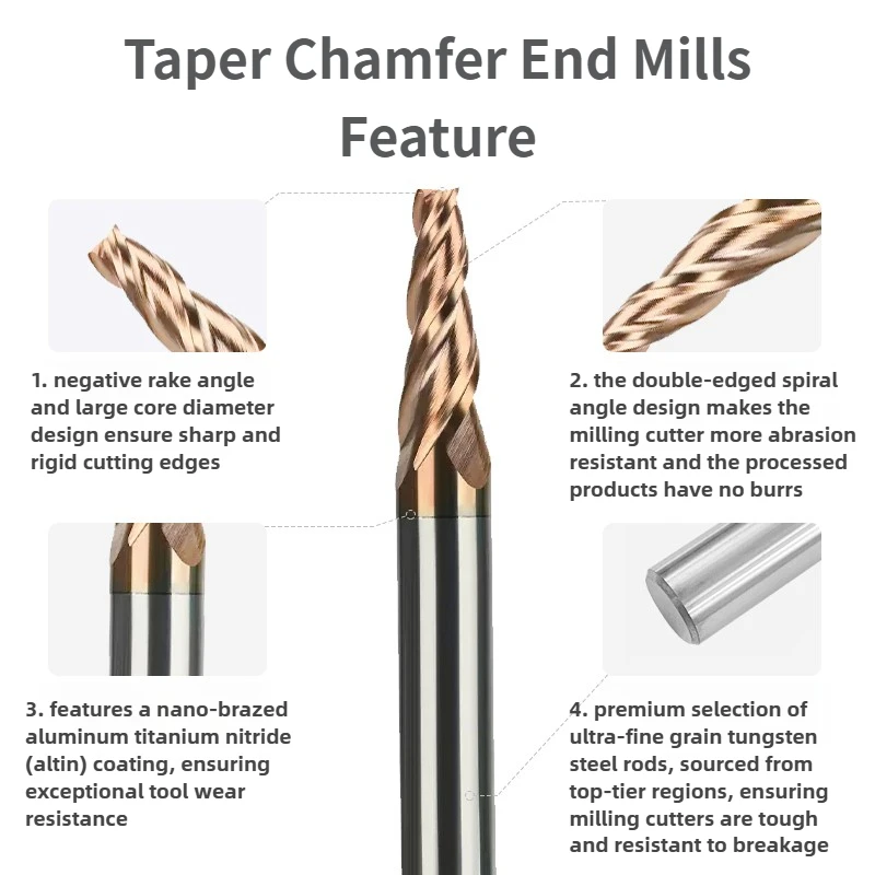 KT CNC Carbide Taper End Mill Angular CNC Machning Cutter Metal Router Bit 0.5 1 1.5 2 3 8 10 15 Degree 1-6 8 12 16 Shank HRC55