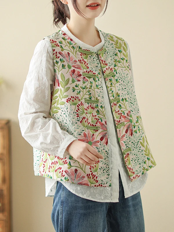 

Новый китайский жилет с тяжелой цветочной вышивкой, круглый вырез, универсальный топ для многослойных образов, традиционный национальный стиль