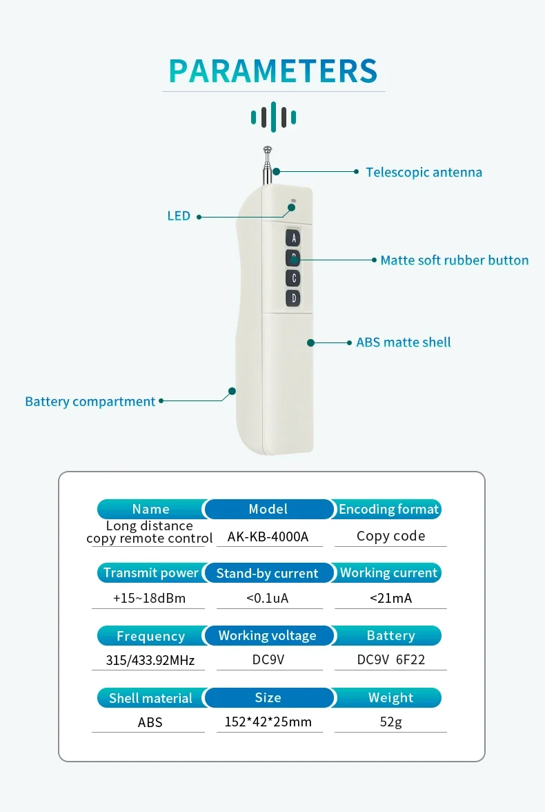 CENTURY AOKE Long Distance Transmitter RF Remote Control  Clone Code Universal 433 MHz For Industrial Equipment Garage Door