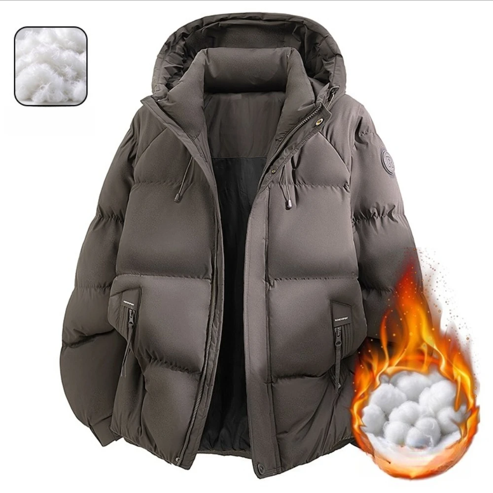 Men's Fleece Lined Cotton Jacket Autumn Winter Warm Hooded Puffy Casual Trendy Loose Matching Couples Cotton Outerwear