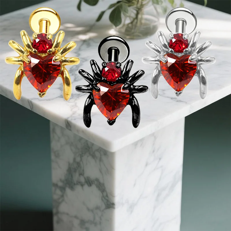 Heart Ruby CZ Spider Labret Stud ASTM F136 Titanium Internally Threaded Flat Back Helix Tragus Lip Piercing Gothic Body Jewelry