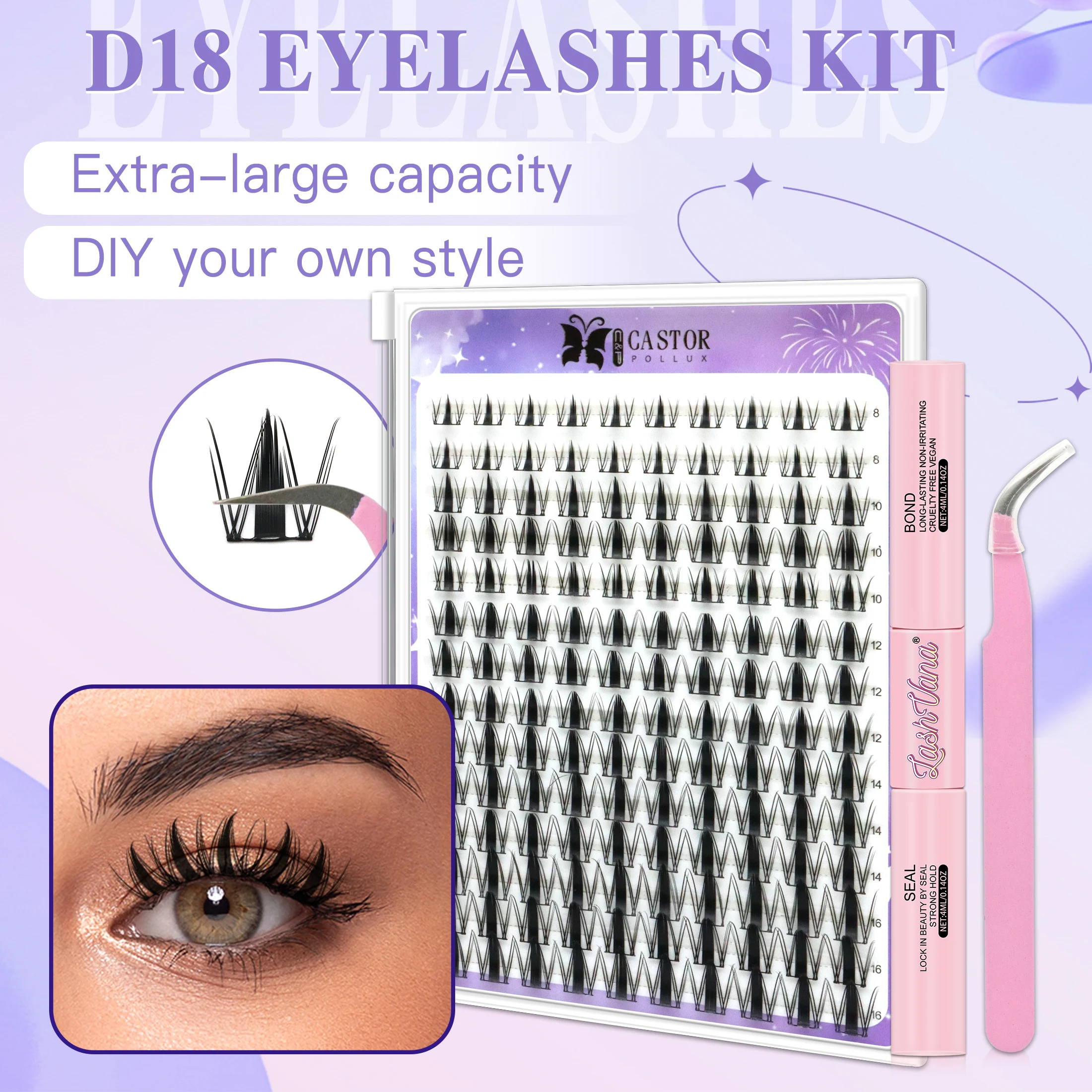 مجموعة ملحقات رموش ذاتية الصنع D18 مجموعات رموش فردية مجموعة رموش اصطناعية مع غراء وملاقط مثالية لأدوات المكياج التنكرية cosplay