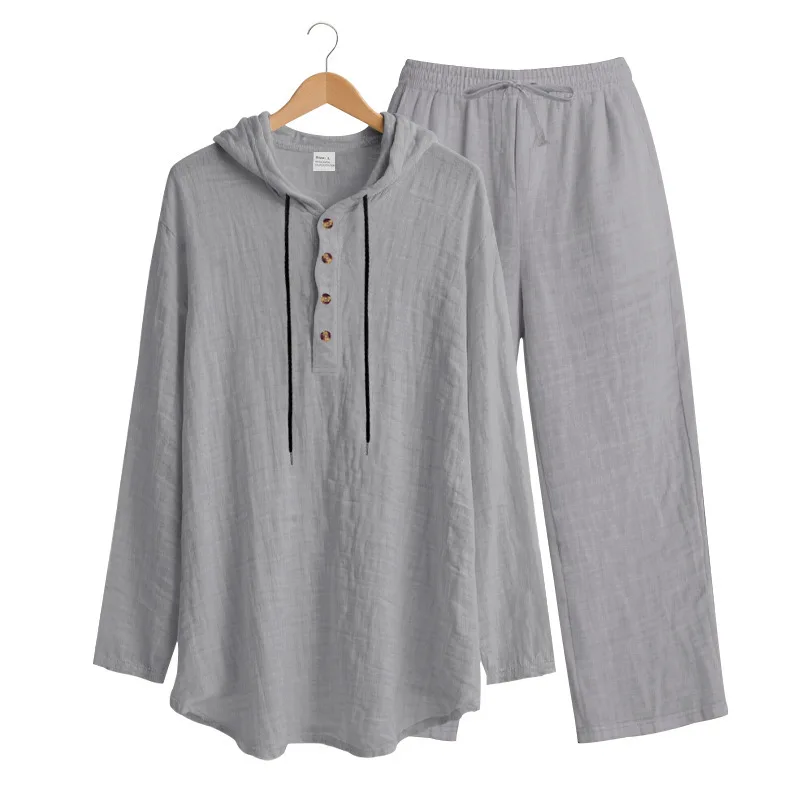 

2026 Cross-border Spring and Autumn Linen Men's Casual Suit Loose Hooded Henry Shirt Long Sleeve Pants Suit