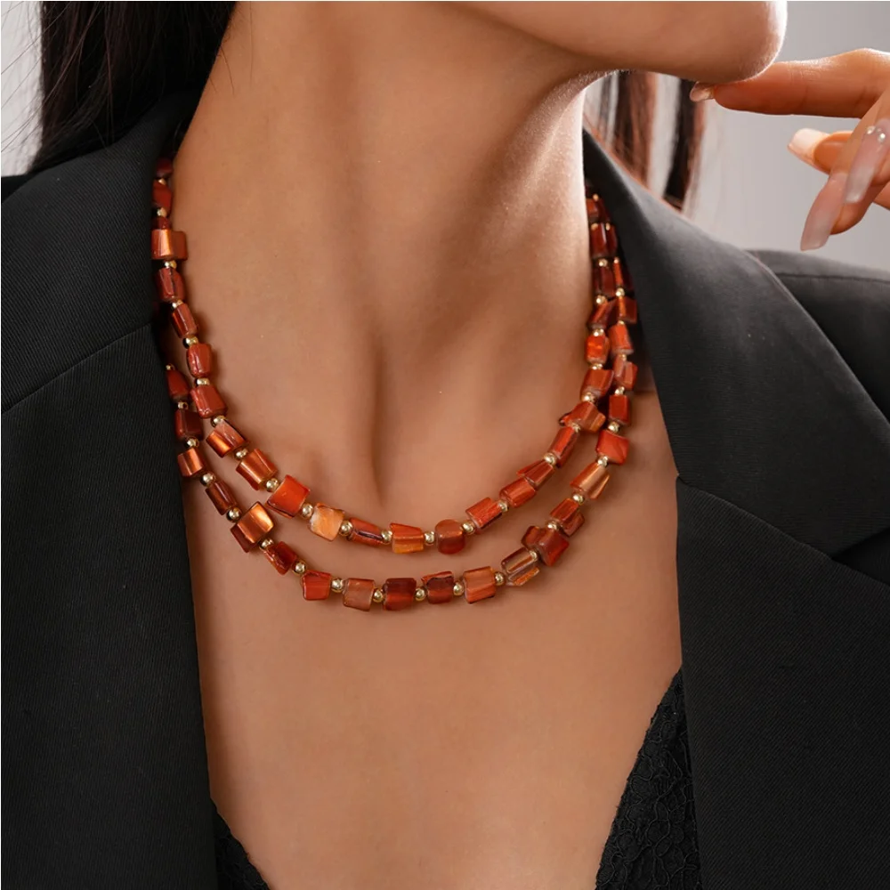 Bohemian Irregular Double Layer Imitation Shell Beads Necklace For Women Retro Mixed Color Choker Fashion Party Jewelry Accessor