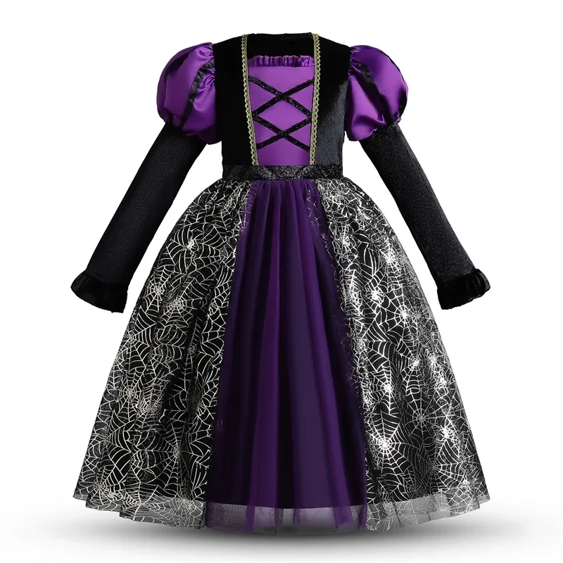 2024 Costume da strega di Halloween Kid Girl Purim Festa di carnevale Cosplay Viola Vestito da strega Bambini Pipistrello Zucca Fantasma Vampiro