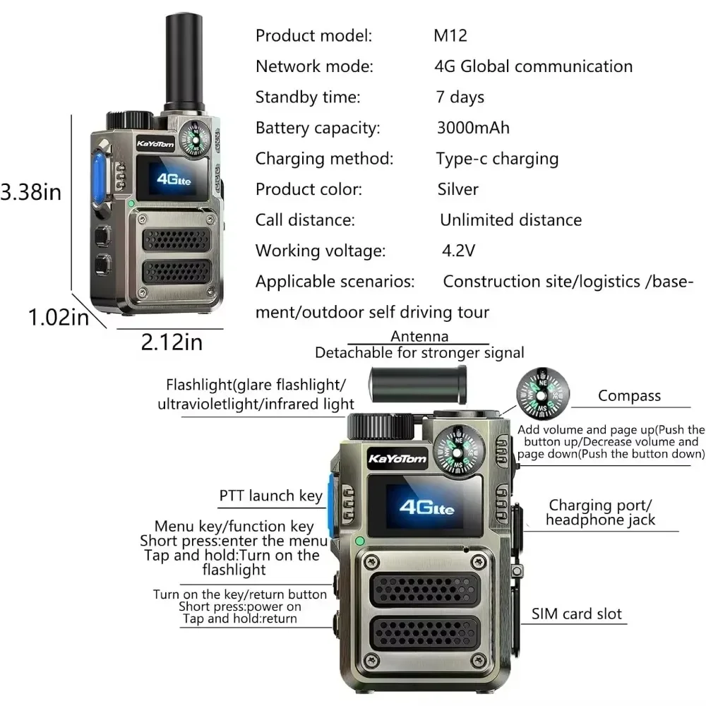 コンパスとLED懐中電灯を備えたグローバルウォーキートーキー、双方向ラジオ、長距離PTT、4g Poc、SIM付き4個