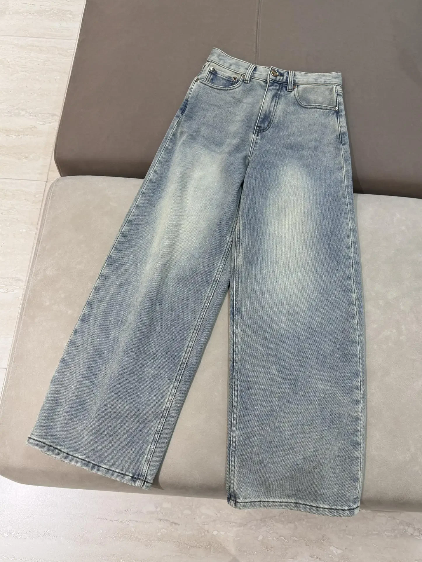 Spring 2025 Women's Blue Straight Jeans High Waist Denim Pants Loose Fashion Wide Leg Trousers