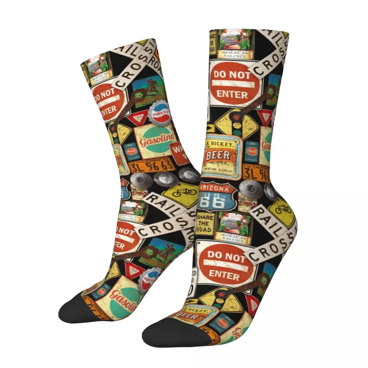 

Old Americana Road Signs Socks Men's Women's Happy Shabby Chic Route 66 Socks Harajuku Spring Summer Autumn Winter Socks Gift