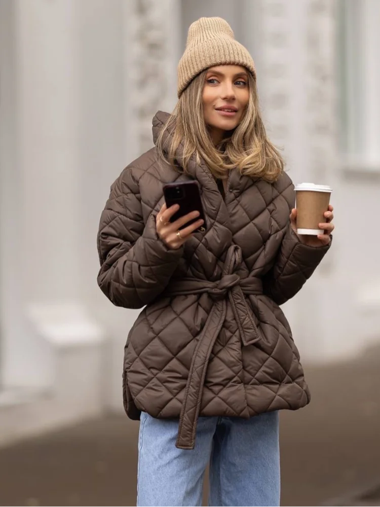 

Lace Up Cotton Coat Lady Fashion Casual Stand Collar V-neck Full Sleeve Loose Outerwears Women Winter Daily Commute Street Coats