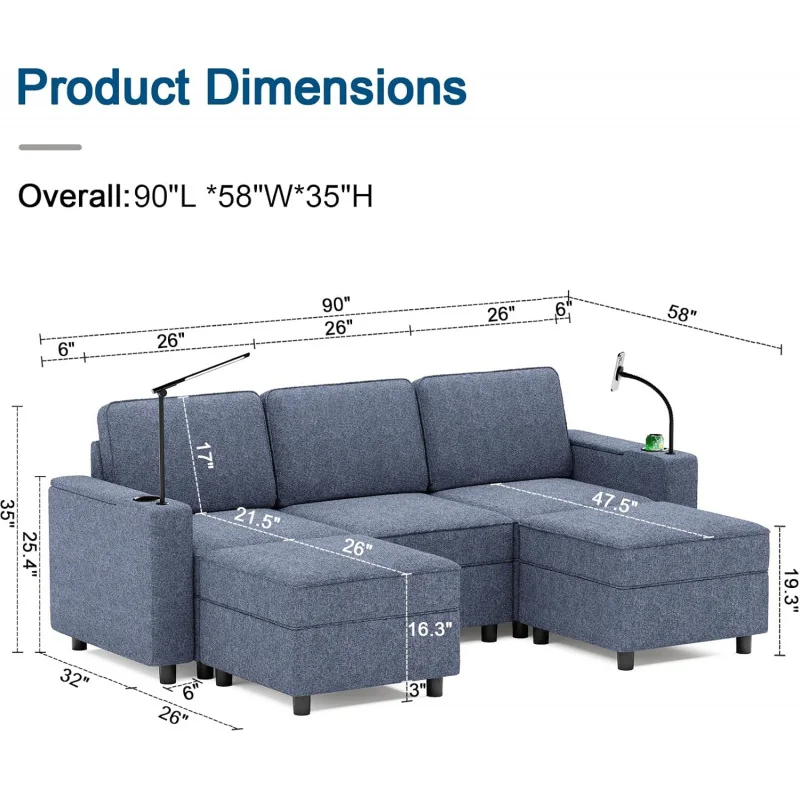 Modular Sectional Sofa,Multifunctional Couches for Living Room Storage,Armrest with Power Grommet and Cup Holder,Wireless C