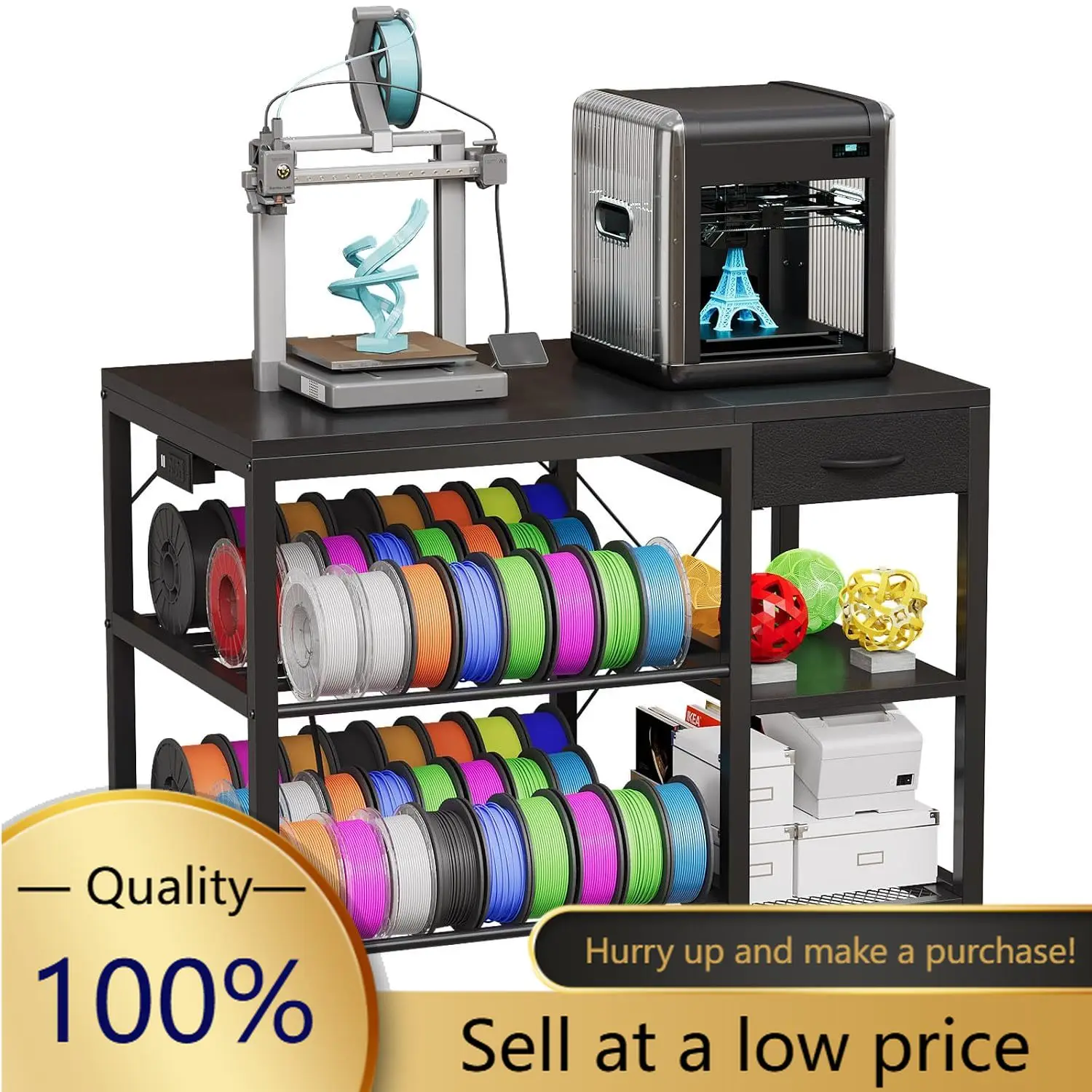 3D Printer Table with Filament Storage, 3-Tier 3D Printer Stand with Power Outlet & Drawer, Heavy Duty 3D Printer Rack for Works