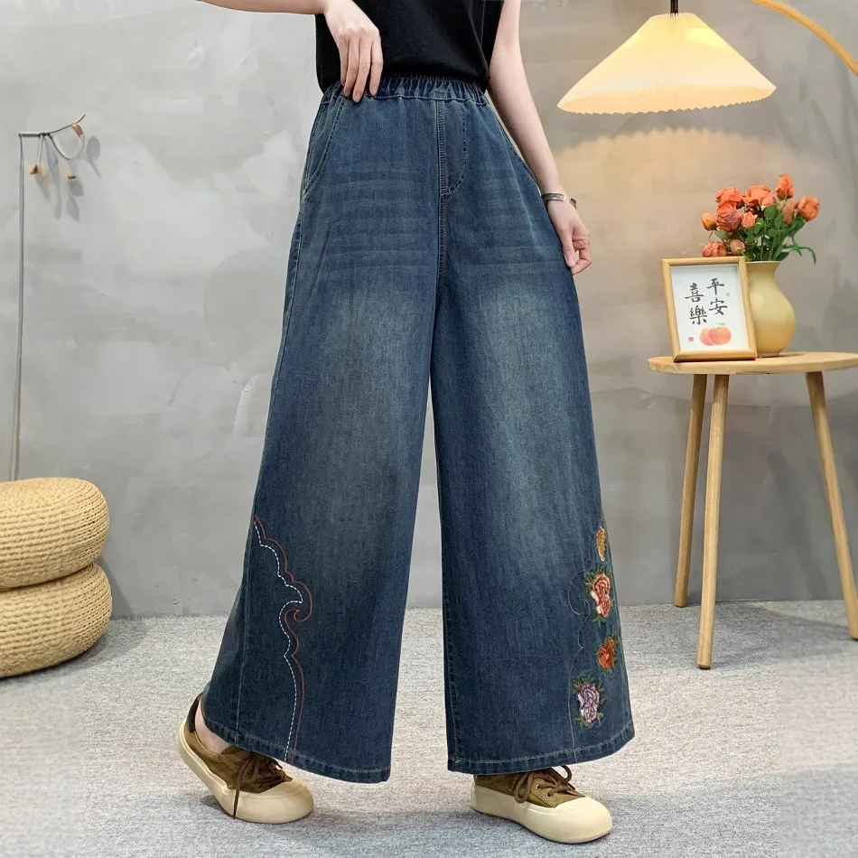 2025年夏新作 デニムコットンジーンズ レディース ウエストゴム 花柄刺繍 モリーガール ヴィンテージ ルーズストレートパンツ B55951CC