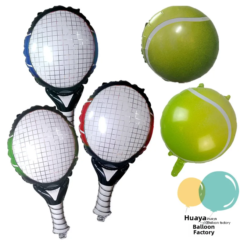 

Green Round Tennis Ball Racket Aluminum Foil Balloon Support Advertising Text Trademark Pattern Four Holes Hangable
