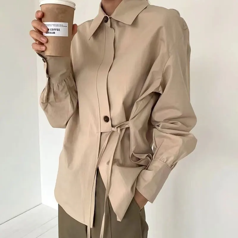 

New Korea Chic Women Shirt Autumn Blouses Simple Lapel Two Buckle Irregular Side Lacing Waist Long Sleeve Shirt Tops
