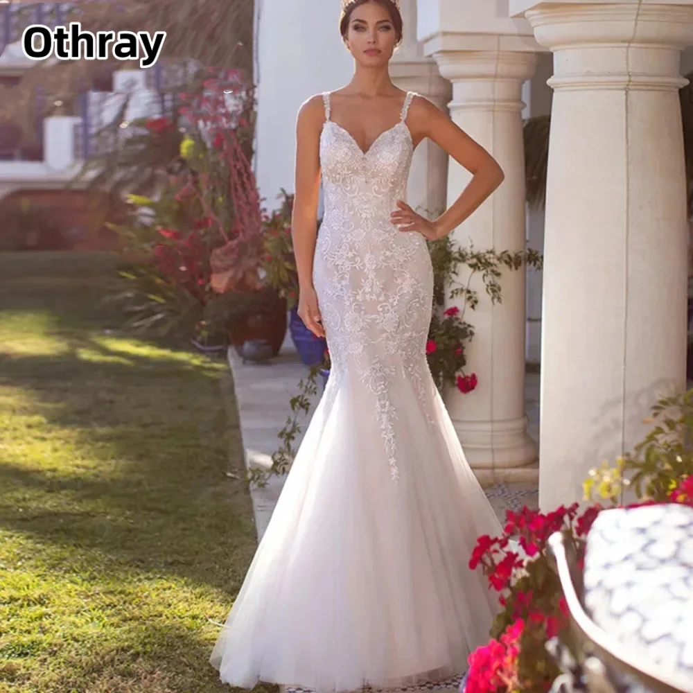 

Othray Elegant Mermaid Wedding Dress Lace V-Neck Spaghetti Straps Illusion Buttons Back Bridal Gown Sweep Vestidos De Novia