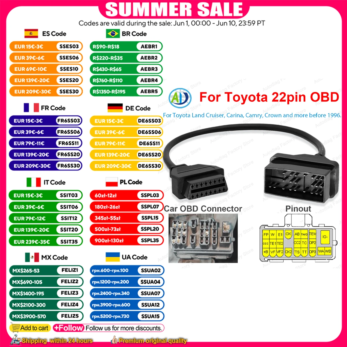 OBD2 Cable For Toyota 22Pin DLC Diagnostic Adapter OBD1 to 16Pin Connector K-Line Diagnosis For Land-Cruiser/Carina/Camry/Crown