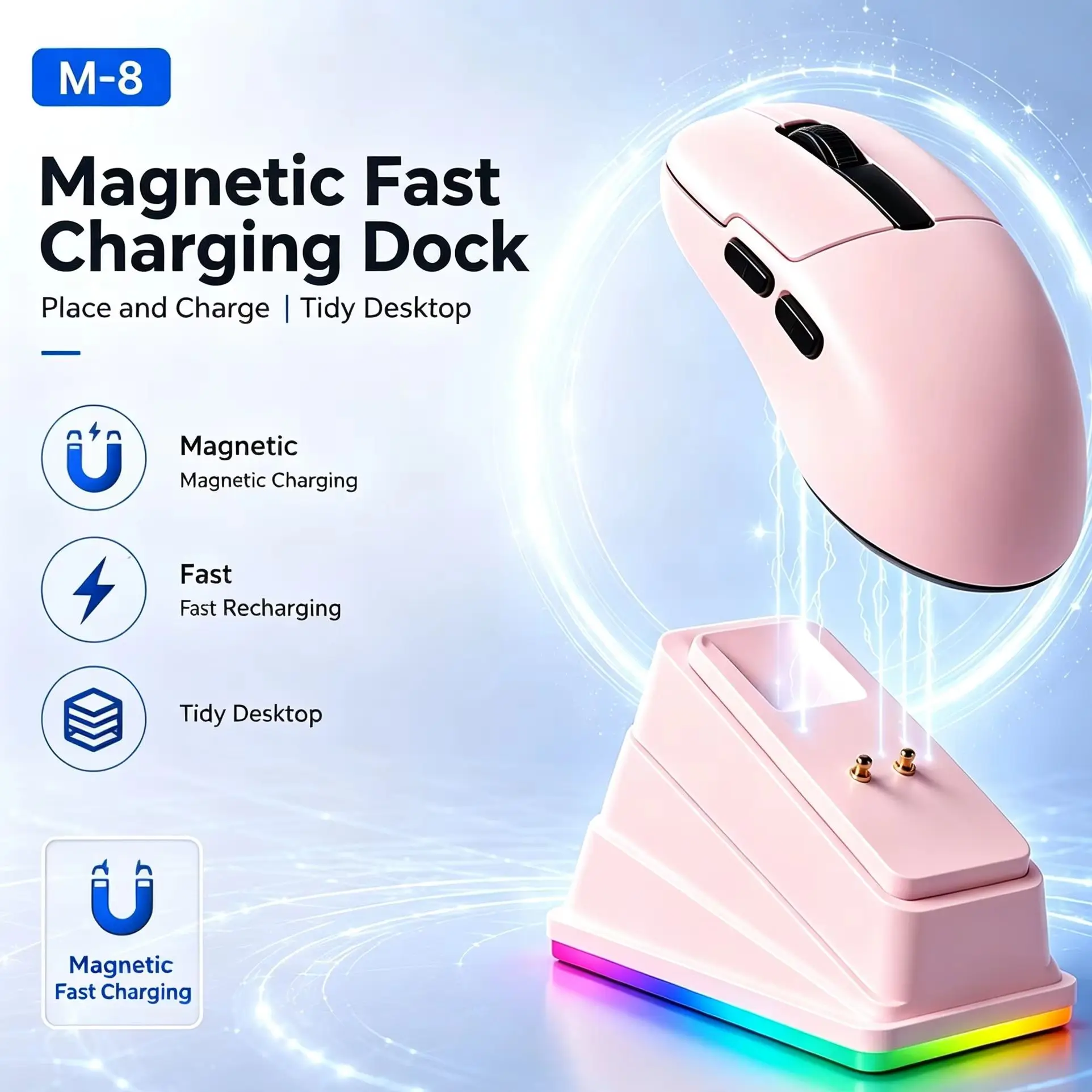 2,4-GHz-Funk-Bluetooth-RGB-Gaming-Maus, Tri-Mode, wiederaufladbar, leise, ergonomisch, mit Ladestation für PC und Computer.
