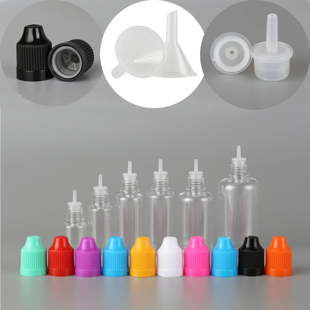 50pcs PET Plastic Empty Dropper Liquid Eye Clear Water Bottle Long Tip Cap + Funnels