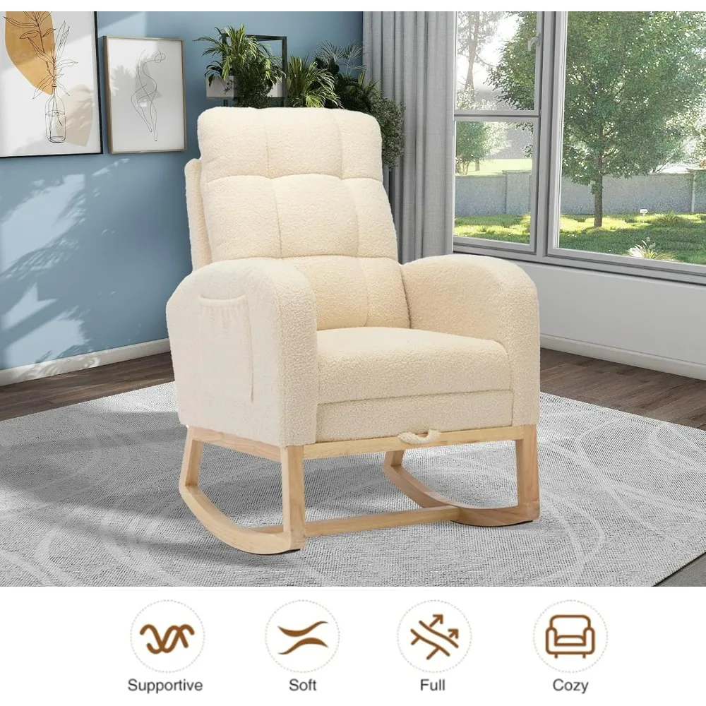 Kursi Goyang Pembibitan Modern, Kursi Goyang Berlapis Teddy Dengan Pijakan Kaki, Kursi Rocker Nyaman Dengan Saku Samping, Rocker C